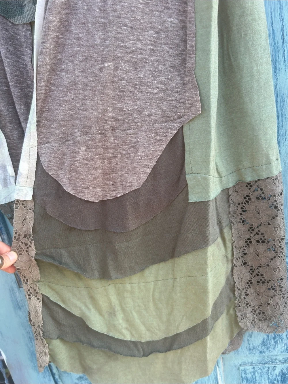 Upcycled camouflage and lace patchwork t shirt maxi skirt